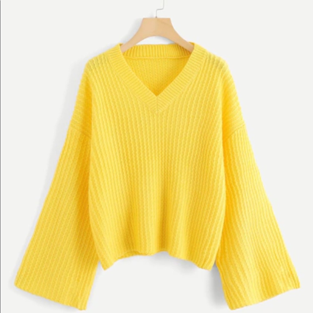 Trumpet Sleeve Drop Shoulder V-Neck Sweater